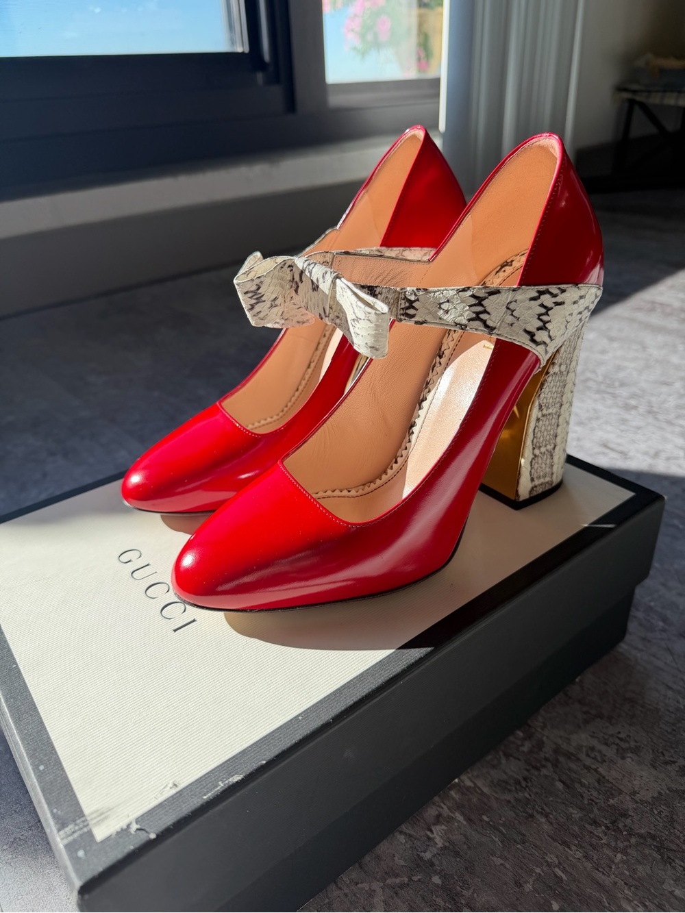 Gucci Cherry Red Patent Leather Mary Jane Pumps with Snakeskin Accents